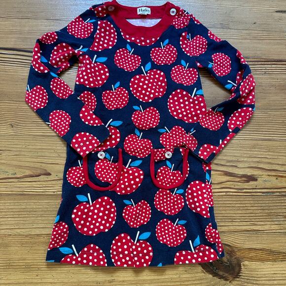 Hatley red navy apple print long sleeve dress SIZE 7 - Picture 1 of 4